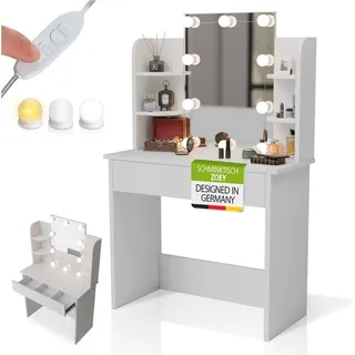 Juskys Schminktisch Zoey mit LED-Beleuchtung & Stauraum, moderne Oberfläche mit Schublade & Weiß