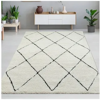 Carpetia Teppich Skandinavisch Wohnzimmerteppich Hochflor Rautenmuster weiß schwarz, rechteckig, Höhe: 30 mm beige|schwarz rechteckig | 160 cm x 230 cm x 30 mm