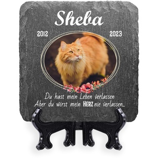 AIGAT Personalisierbares quadratisches Gedenktafel 10 x 10 cm mit Name, Datum, Foto und Ständer für Haustier Katze Hund Schieferstein Pfote Grabmarker - Floral Rahmen Foto