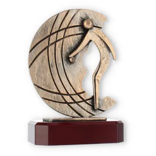 Pokal Zamakfigur Pétanquespieler altgold auf mahagonifarbenen Holzsockel 19,3cm