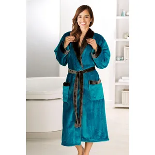 Unisex-Bademantel GÖZZE "Seidenfeeling, ideal für Sauna & Spa, Hotelbademantel, Morgenmantel" Gr. XL, blau (petrol), L:125cm, Wellsoft-Microfaser, Hausmäntel, für Damen & Herren, mit edlem Glanz, lang