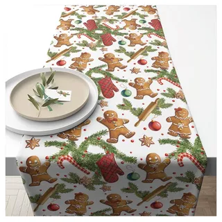 Ambiente Home Ambiente Tischläufer Dekodecke Läufer 150x40 cm 100% Baumwolle Lebkuchen Weihnachtsmotive Serie Gingerbread Cookies Advent Weihnachten Dekoration