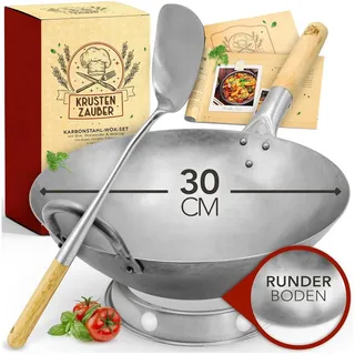 krustenzauber 30cm Induktions-Wokpfanne - Traditionelle Stahlwokpfanne mit Wokwender und Wokring - Wok Induktion, Carbon Steel Wok Karbonstahl