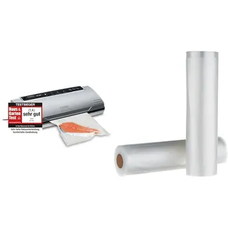 CASO VC100 Vakuumierer - Vakuumiergerät & Amazon Basics 22 cm x 500 cm, 2 Rollen für Vakuumierer, Kunststoff, Klar