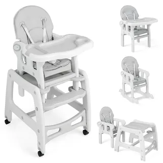 LIFEZEAL 5 in 1 Babyhochstuhl, Mobiler Babystuhl mit Schaukelfunktion, Kinderhochstuhl mit Abnehmbarem Doppeltablett & Fußstütze, Kombihochstuhl mit Sicherheitsgurt, ab 6 Monate (Grau)