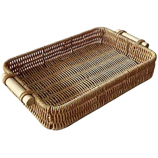 Geflochtenes Serviertablett – handgefertigtes Rattan-Tablett, rechteckiger Lebensmittelständer | rustikales Haushaltsgerät und Brot-Frühstücks-Organizer