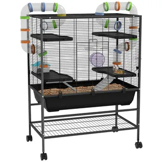 PawHut Hamsterkäfig mit Röhren, Ablagefläche, Rampen, Laufrad, Futternapf, Wasserflasche, Kleintierkäfig Meerschweinchen Käfig für Rennmäuse, syrische Hamster, Schwarz
