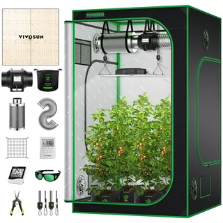 VIVOSUN Growzelt Komplettset 120x120x200cm, Grow Box Komplettset für Indoor Anbau, LED Vollspektrum Lampe 2 × 200W, 150mm Belüftung, Temperatur- & Hygrometer, Grow Bags, Gartenschere & Timer