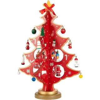 Brubaker Mini Weihnachtsbaum aus Holz - Tannenbaum zum Schmücken und Dekorieren - Christbaum Tischdeko Klein für Weihnachten inkl. Baumschmuck - Weihnachtsdekoration für Tisch und Fensterbank - Rot