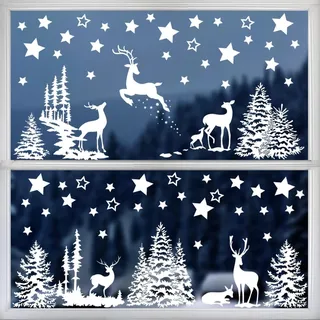 BETESSIN 210 Stück Sterne Fensterbilder Weihnachten - Elektrostatische Haftende Fensteraufkleber mit Sterne, Tannenbaum, Rentier Mustern - Fensterdeko für Winter, Fenstersticker Weihnachten