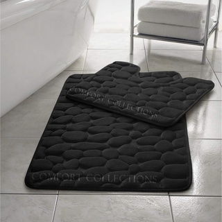 Comfort Collections Badvorleger-Set, rutschfest, weich, WC- und Badteppich, Memory-Schaum, Kieselstein-Design, Farbe: Schwarz, 2-teilig