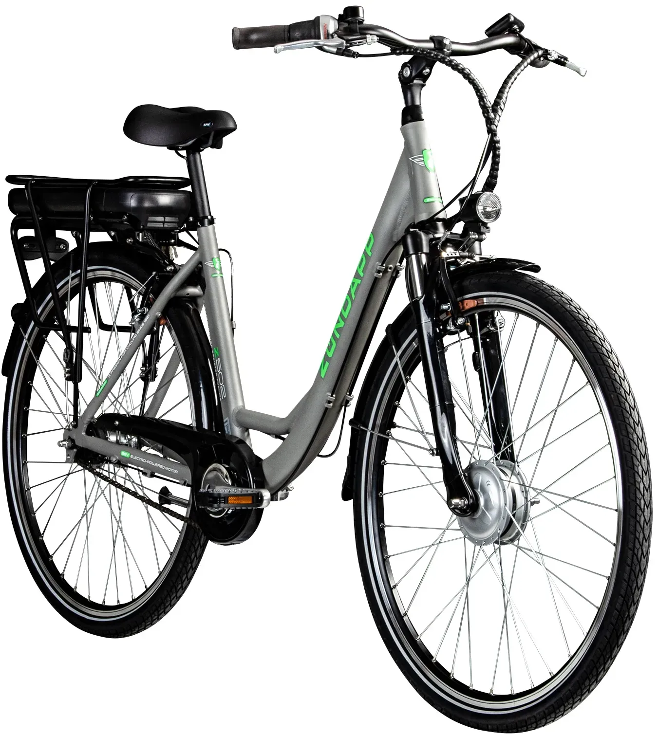 ZÜNDAPP E-Bike 700c Damenrad Pedelec 28 Zoll Z502 E Citybike Hollandrad Fahrrad (grau/grün ohne Korb)