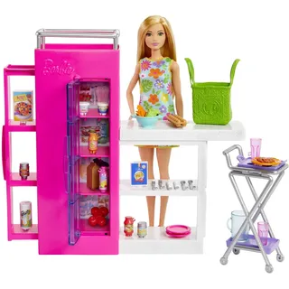 Barbie Vorratskammer Spielset Puppe mit über 25 Teilen und Küchenaccessoires - Perfekt für Junge Gourmets und Geschenk für Kinder ab 3 Jahren, HJV38