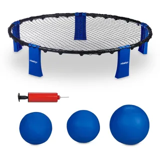 Relaxdays Roundnet Set, Netz, 3 Bälle, Ballpumpe & Tragetasche, Outdoor Ballspiel, Strand, Garten, Park, schwarz/blau