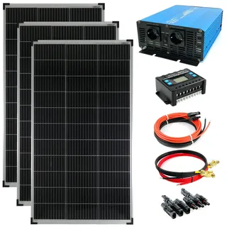 Solartronics Komplettset 3x140 Watt Solarmodul 1500 Watt TS1500 reiner Sinus blau Spannungswandler Laderegler Kabel Photovoltaik Inselanlage
