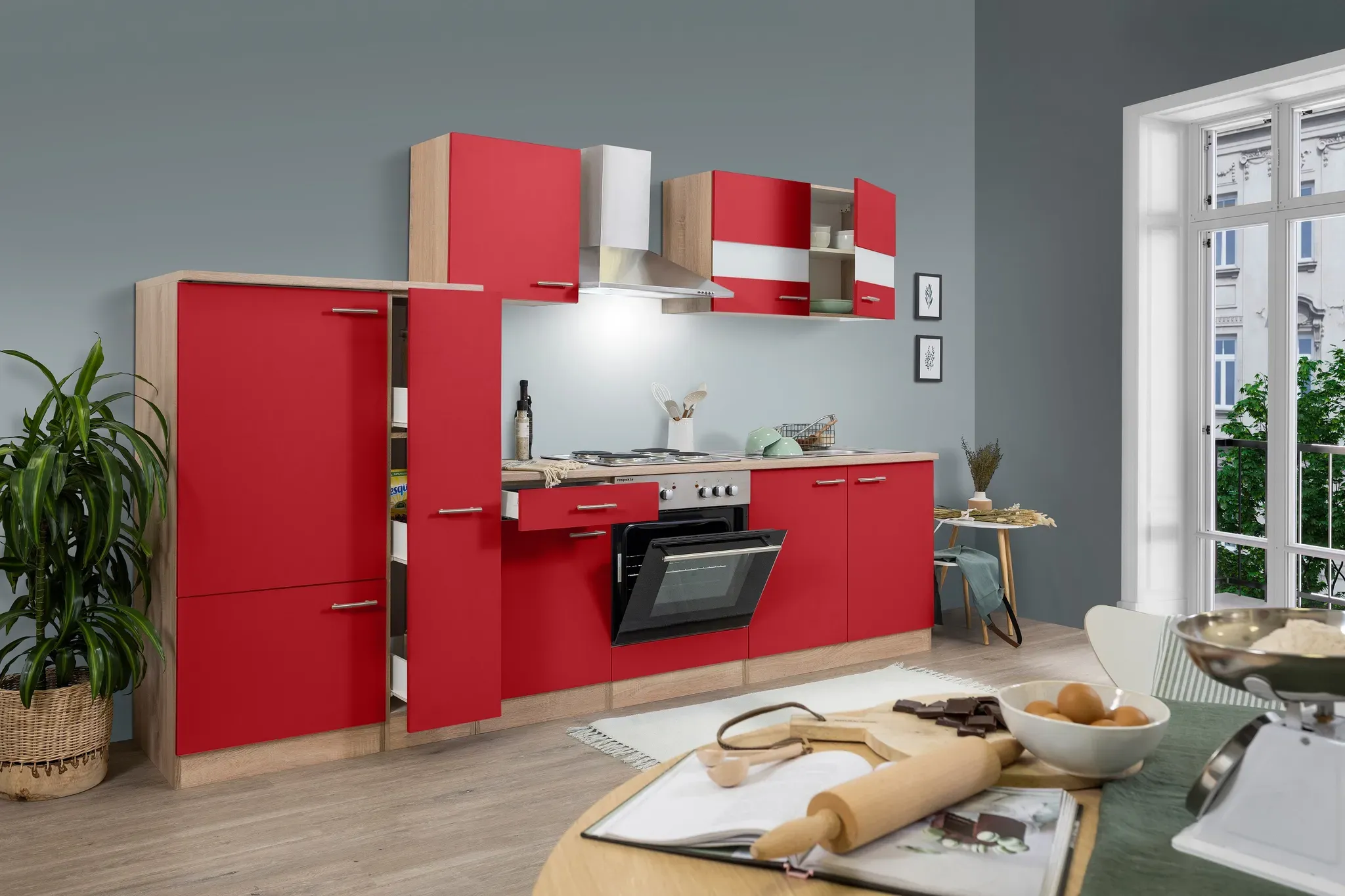 Küche Küchenzeile Küchenblock Einbauküche Eiche Rot Merle 300 cm Respekta