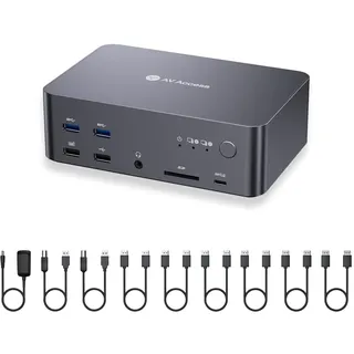 AV Access KVM Switch 2 pc 3 monitore 8K@60Hz, mit 6 DP-Kabeln, DisplayPort 2.0, 1G Ethernet, USB 3.0, Dockingstation für 3 Monitor, 4K@165/144Hz, 2K@144Hz (Nur für Desktop)