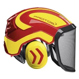 Protos Forsthelm Integral Forest G16, rot-gelb, Gehörschutz und Metall-Visier, Größe 54-62