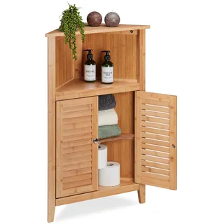 Relaxdays Eckschrank Bambus, HxBxT: 92 cm, Badschrank mit 2 Lamellentüren, Eckkommode für Bad & Küche, Natur