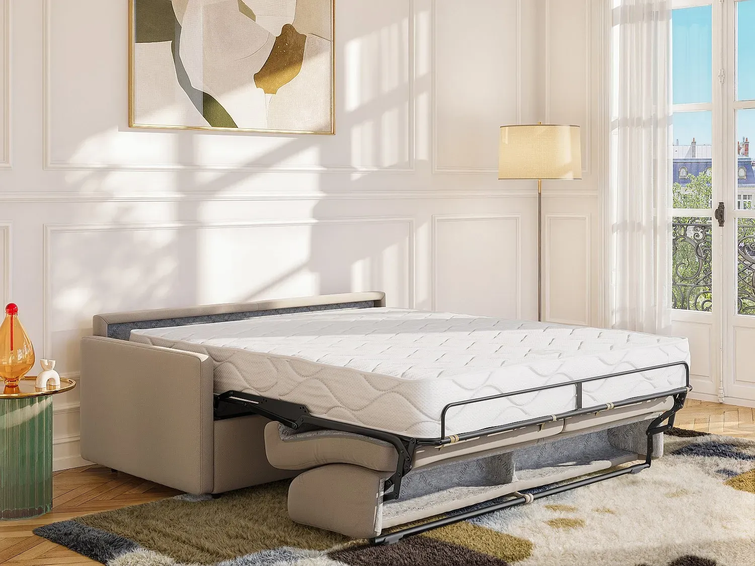 Schlafsofa 3-Sitzer - Liegefläche: 140 cm - Matratzenhöhe: 22 cm mit Memory Schaum - Stoff - Beige - CALIFE
