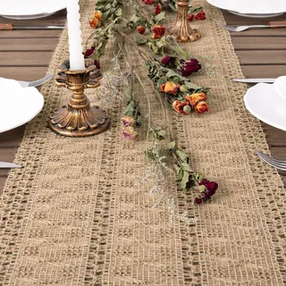 Dremisland Herbst Tischläufer Braun 30x180cm Sackleinen Bauernhaus Klein Tischdecke Boho Makramee Tischläufer Tischabdeckung Table Runner Tischdeko Tisch Läufer für Hochzeits Party Küche Esstisch
