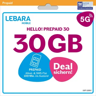 LEBARA Prepaid SIM-Karte mit Hello! 30 Prepaid Tarif ohne Vertrag | 30 GB Datenvolumen inkl. 5G | Allnet Flat | 100 Minuten ins Ausland