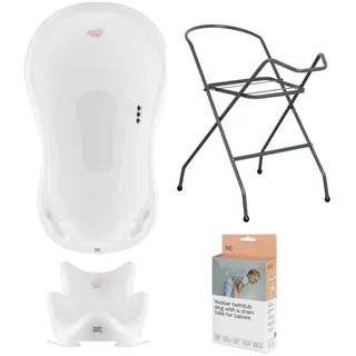 Hylat Baby Set: Stabile Babybadewanne mit Thermometer, Gestell, Badesitz und Abfluss - ideale Lösung für die tolle Badeerlebnisse - Motiv: Hug Me, Farbe: Weiß