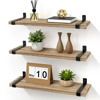 Gronda Wandregal Holz 3er Set,Schweberegal klein, Wand Regal schwarzes Metall, Abnehmbares Regalbrett, Brett ohne Bohren, Massivholz, Industrial, Vintage, Küche, Wohnzimmer, Bad, Bücher,40cm