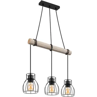 GLOBO Vintage Pendelleuchte Hängelampe Holz Esstischlampe Retro Hängeleuchte mit Holzbalken, Metall schwarz, 3 x E27 Fassung, LxBxH 50x14x140 cm