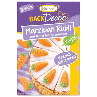 Günthart Backdecor 12 Stück Marzipan Rübli VEGAN, Ruebli aus feinem Marzipan, mit grünem Zucker Strang, er Pack (1 x 40 g)