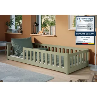 Kids Collective Kinderbett Bodenbett 80x160 cm mit Rausfallschutz & Lattenrost Montessori Bett Bed Gitterbett Kinder Jugendbett Einzelbett optional mit Matratze | Olivgrün weitere Größen 90x200 | | 140x200 cm