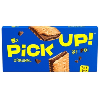 PiCK UP! Original, Riegel mit knackiger Milchschokoladentafel zwischen zwei knusprigen Keksen, der Snack für unterwegs, 5er Multipack, 5 x 28g