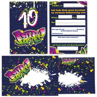 JUNAPACK Einladungskarten Graffiti zum 10. Kindergeburtstag Mädchen Jungs Einladungen Umschlägen, Einladungskarten mit Umschlägen zum 10. Geburtstag Graffiti