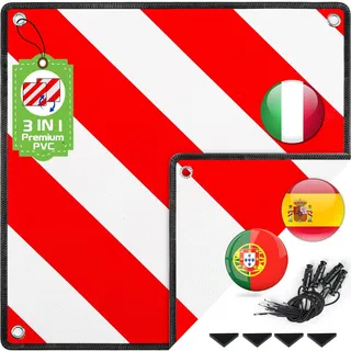 Warmfay Warntafel für Italien Spanien und Portugal, 3 In 1 Rot Weiß Reflektierend Warnschild PVC 50x50CM mit 4X Spannseile, Zertifizierte für Fahrradträger Heckträger Auto Wohnmobil