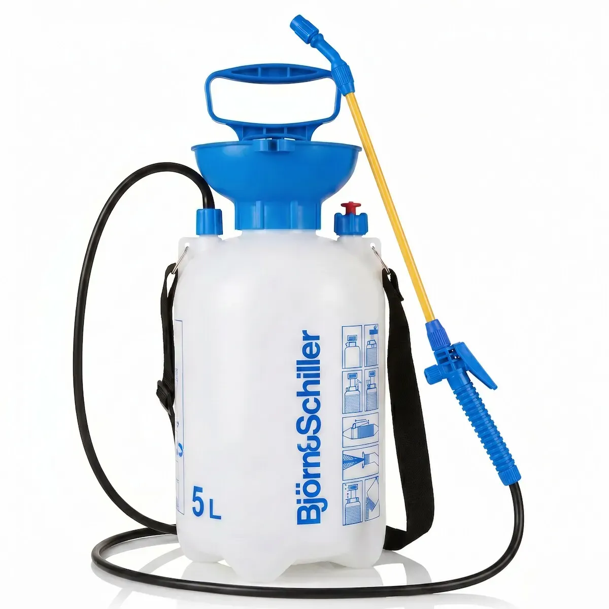 Björn&Schiller Drucksprüher 5 Liter, mit Sicherheitsventil und arretierbarem Abzug, für Haus und Garten, blau-weiß