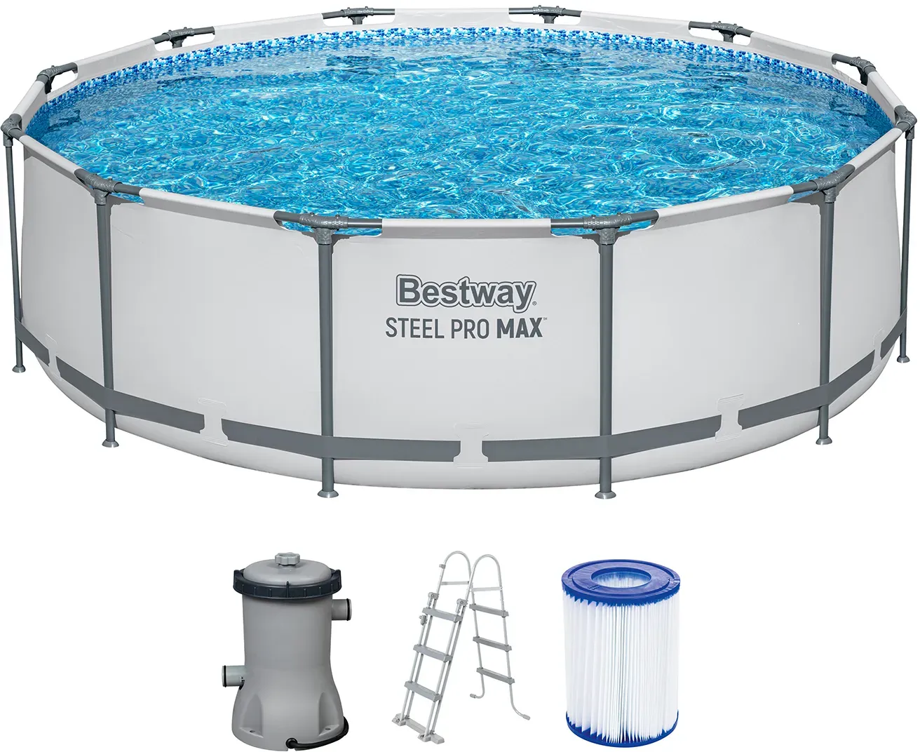 Bestway Steel Pro MAX Frame Pool-Set mit Filterpumpe Ø 366 x 100 cm, lichtgrau, rund