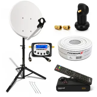 PremiumX Camping SAT Anlage 45cm Satelliten-Schüssel Single LNB Kabel Dreibein Stativ Receiver Sat-TV-Signalfinder
