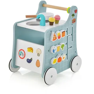 Goplus 6 in 1 Lauflernhilfe aus Holz, Lauflernwagen mit Spielküche, Formanpassung, beweglichem Schieber & Lernuhr, Ergonomischer Baby Walker mit Rädern für Kinder ab 12 Monaten (Blau)