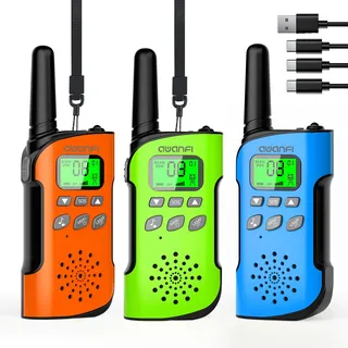 AWANFI Walkie Talkie Kinder 3er Set, Walkie Talkie Aufladbar mit Li-ion Akku, Funkgerät Set mit VOX und Taschenlampe, Walky Talky Camping/Abenteuer, Geschenk für Kinder de 3-12 Jahre