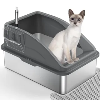 Katzenklo Edelstahl XXL, Katzentoilette Edelstahl 28L Katzenklo Groß mit Katzenstreuschaufel und Doppelschicht Matte, Auslaufsichere XXL Litter Box