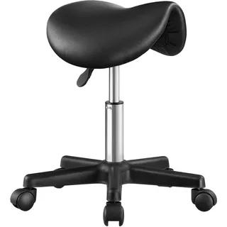 SONGMICS Sattelhocker ergonomisch, Rollhocker, Hocker mit Rollen, höhenverstellbar, Friseurstuhl 360° drehbar, PU, für Kosmetikstudio, tintenschwarz OSC014B101