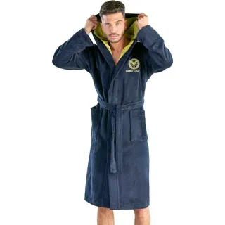 CARLO COLUCCI Herrenbademantel Como, ideal für Sauna & Spa, Hotelbademantel, Morgenmantel, Kurzform, Baumwoll-Mix, Kapuze, Gürtel, mit kontrastfarbenem Kragen blau L | 120 cm