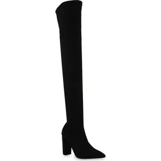 VAN HILL Damen Stiefel Overknees Blockabsatz Spitze Schuhe 839713, Farbe: Schwarz, 38 - Schwarz
