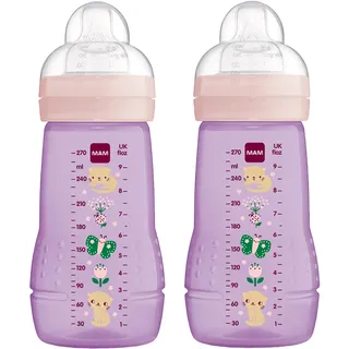 MAM Easy Active Trinkflasche im 2er-Set (270 ml), Baby Trinkflasche inklusive MAM Sauger Größe 1 aus SkinSoft Silikon, Milchflasche mit ergonomischer Form, 0+ Monate, Katze/Schmetterling