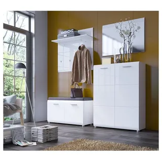 Lomadox Garderoben-Set 4-teilig mit Spiegel und Schuhbank weiß Hochglanz MALABO-129