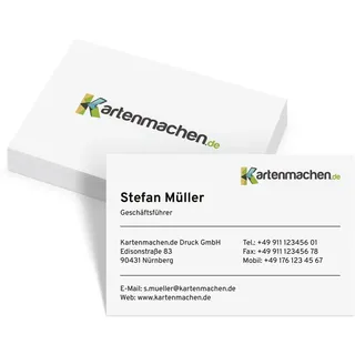 Personalisierte Visitenkarten von 100 bis 2.500 Stück individuell selbst gestalten mit eigenem Logo und Text, dickes 300g/qm Papier, 85x55mm, beidseitiger klarer intensiver Druck