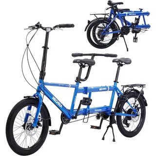 ASIAD Klappbares Tandemfahrrad, 20-Zoll-City-Tandem-Faltrad, verstellbares Tandem-Beach-Cruiser-Fahrrad, Faltrad mit 3 Sitzen für Erwachsene, 7 Geschwindigkeiten,Blau