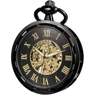 TREEWETO Taschenuhr mit Kette Herren Analog Mechanische Handaufzug Offenes Gesicht Skelett Bewegung