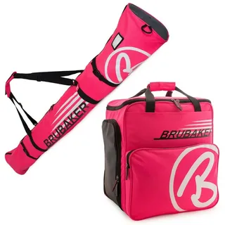 Brubaker Kombi Set Champion - Limited Edition - Skisack und Skischuhtasche für 1 Paar Ski bis 190 cm + Stöcke + Schuhe + Helm Pink Weiss