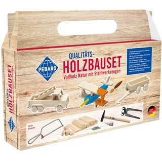 Pebaro 465 Holzbauset im Tragegriff-Karton, 21 Teile, praktische Kofferverpackung, für kreative Baumeister, inkl. Vollholz Naturstäben und Werkzeug, Basteln, Geschenkidee für Kinder